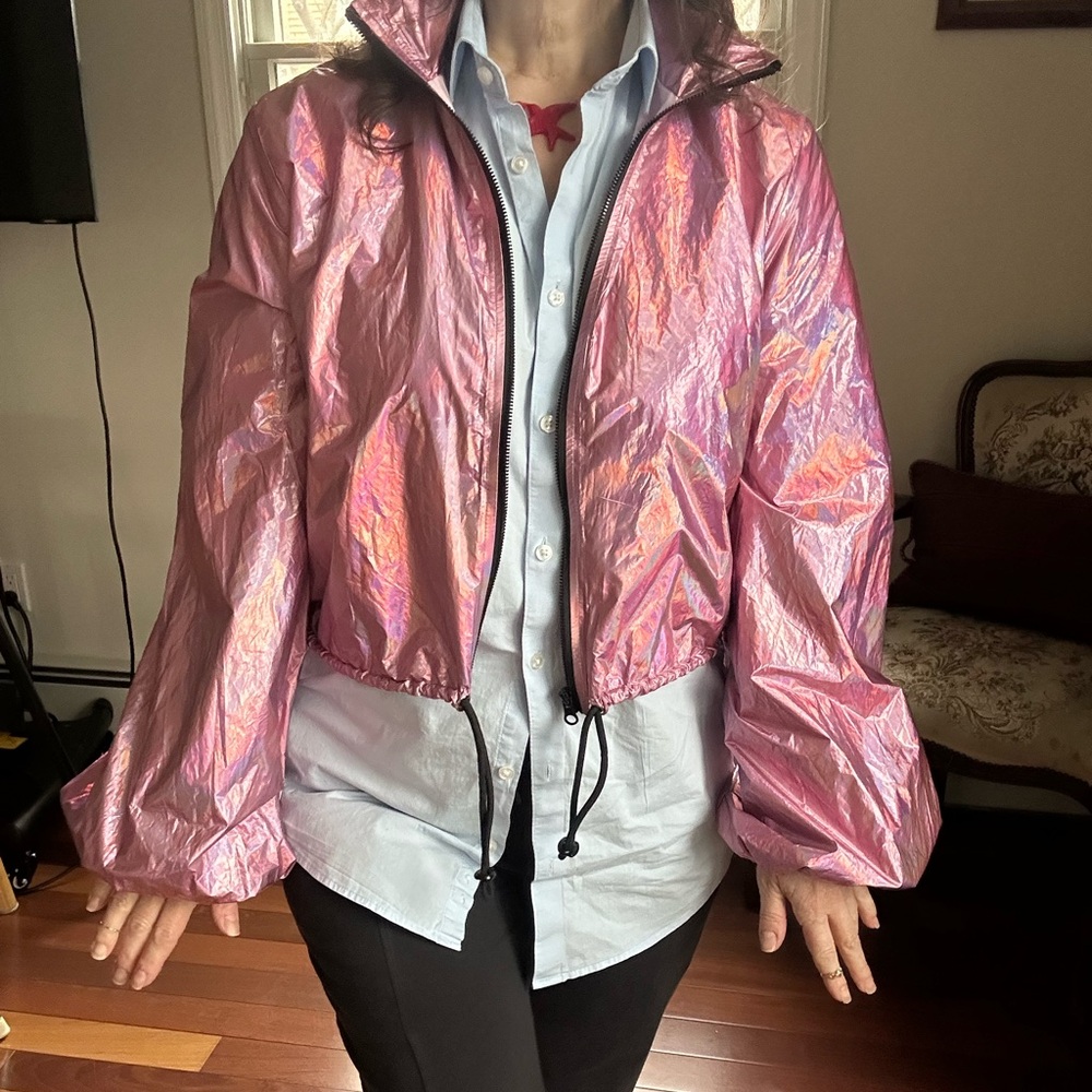 Shimmering Iridescent Pink Windbreaker Jacket Black Zipper - Picture 9 of 11